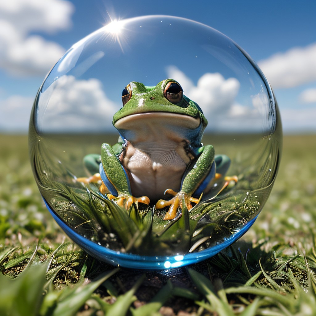 00046-2587925005-masterpiece, best quality, intricate photo, glass sphere with highly detailed frog in the grass, Background blue cloudy sky, hyp.jpg